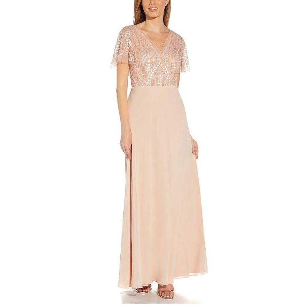 Adrianna Papell Beaded Chiffon Gown Womens 4 Blush Pink Mesh Sheer Romantic Glam